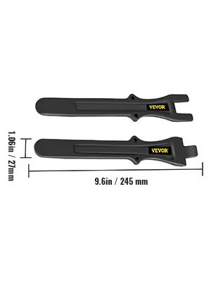 VEVOR tire changing tool, 9.6in length, black, labeled, side by side, dimensions shown.