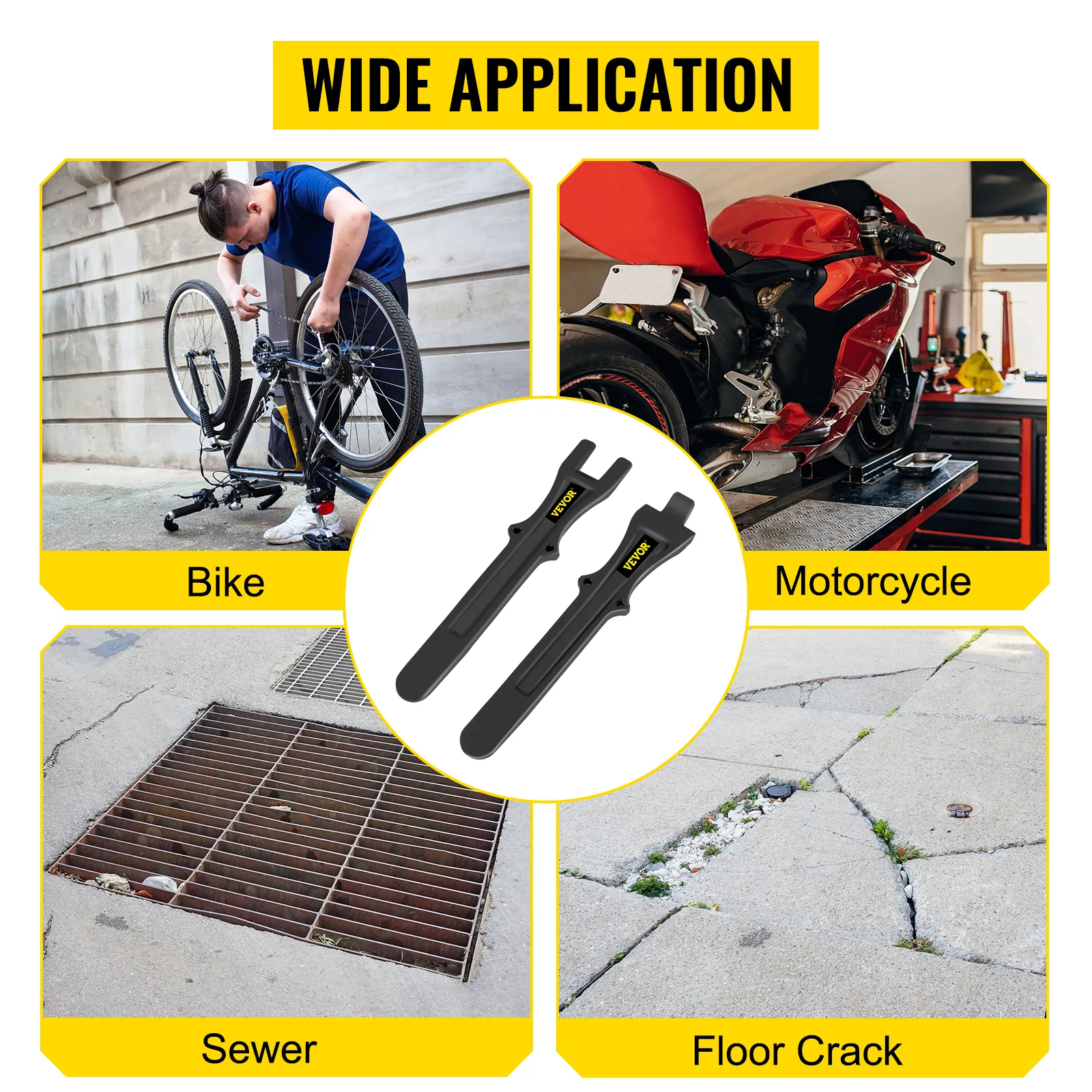 VEVOR tire changing tool for bike, motorcycle, sewer, and floor crack applications.