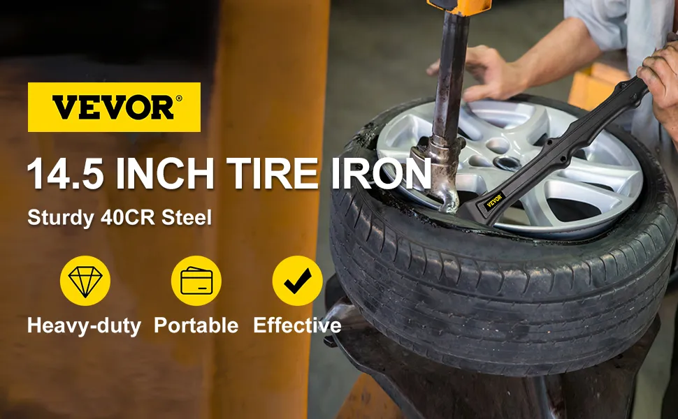 VEVOR tire iron set in use, showcasing 14.5-inch tire iron with a vehicle wheel.