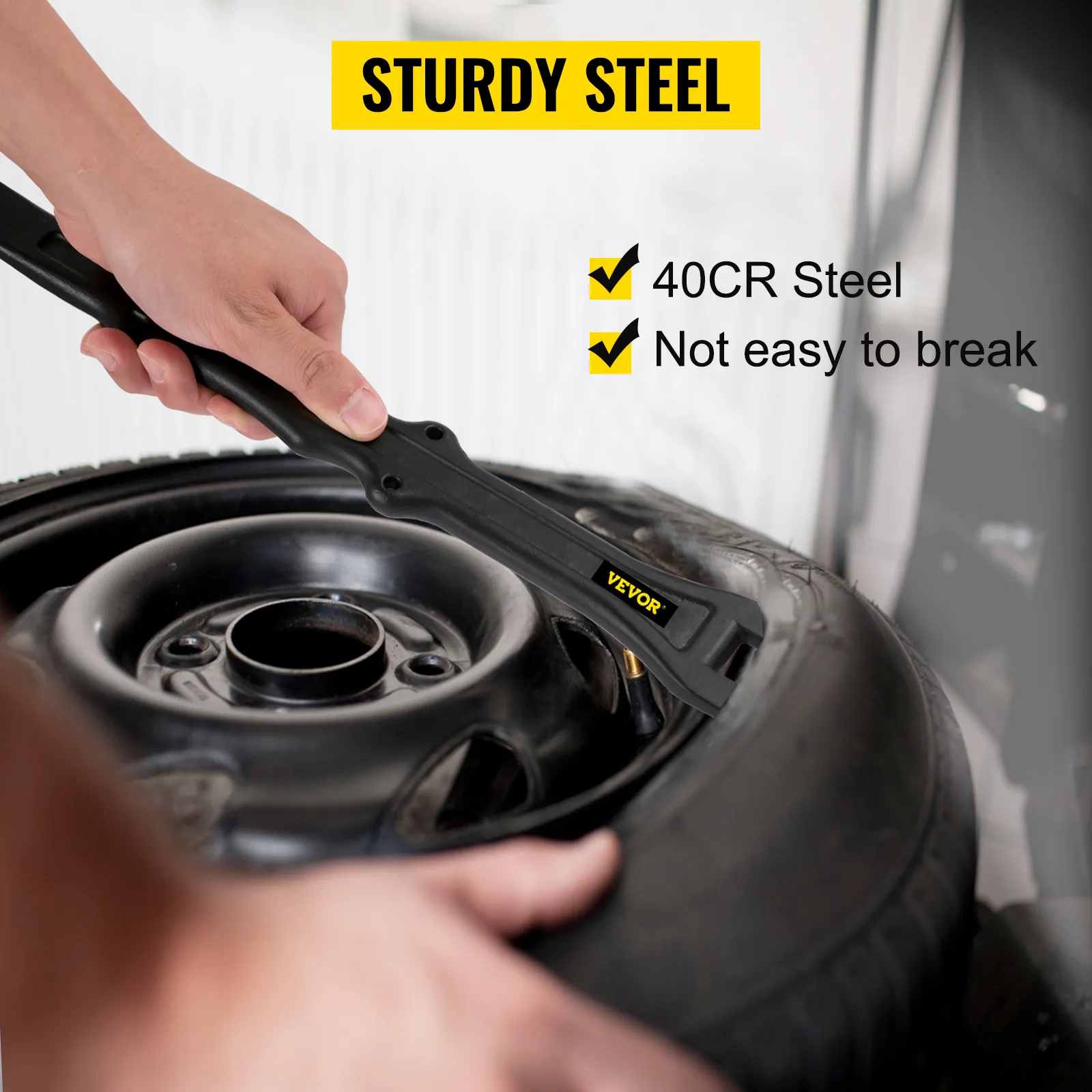 VEVOR tire iron set in use on a tire with "sturdy steel" text banner.