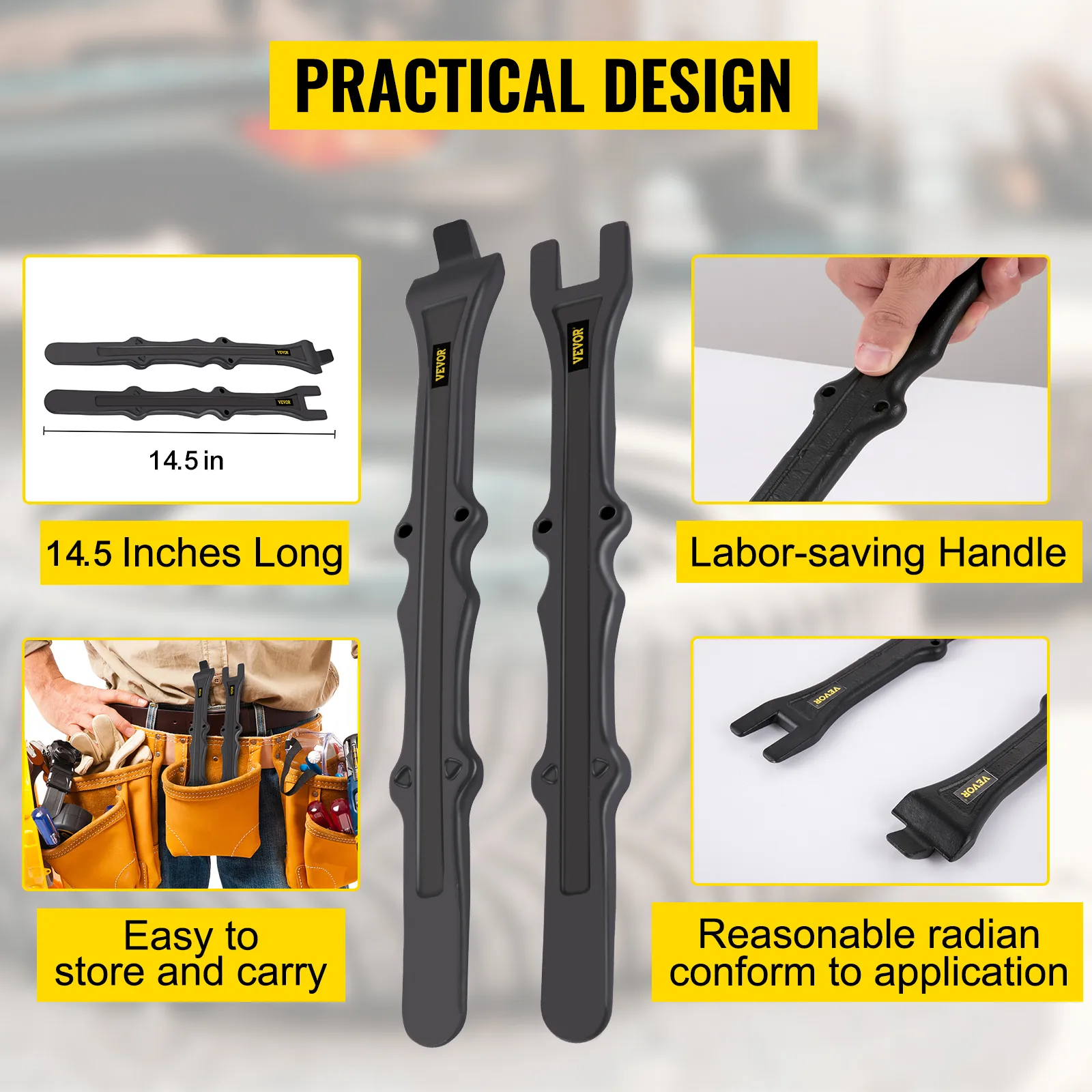 VEVOR tire iron set with labor-saving handle, 14.5 inches long, easy to store.