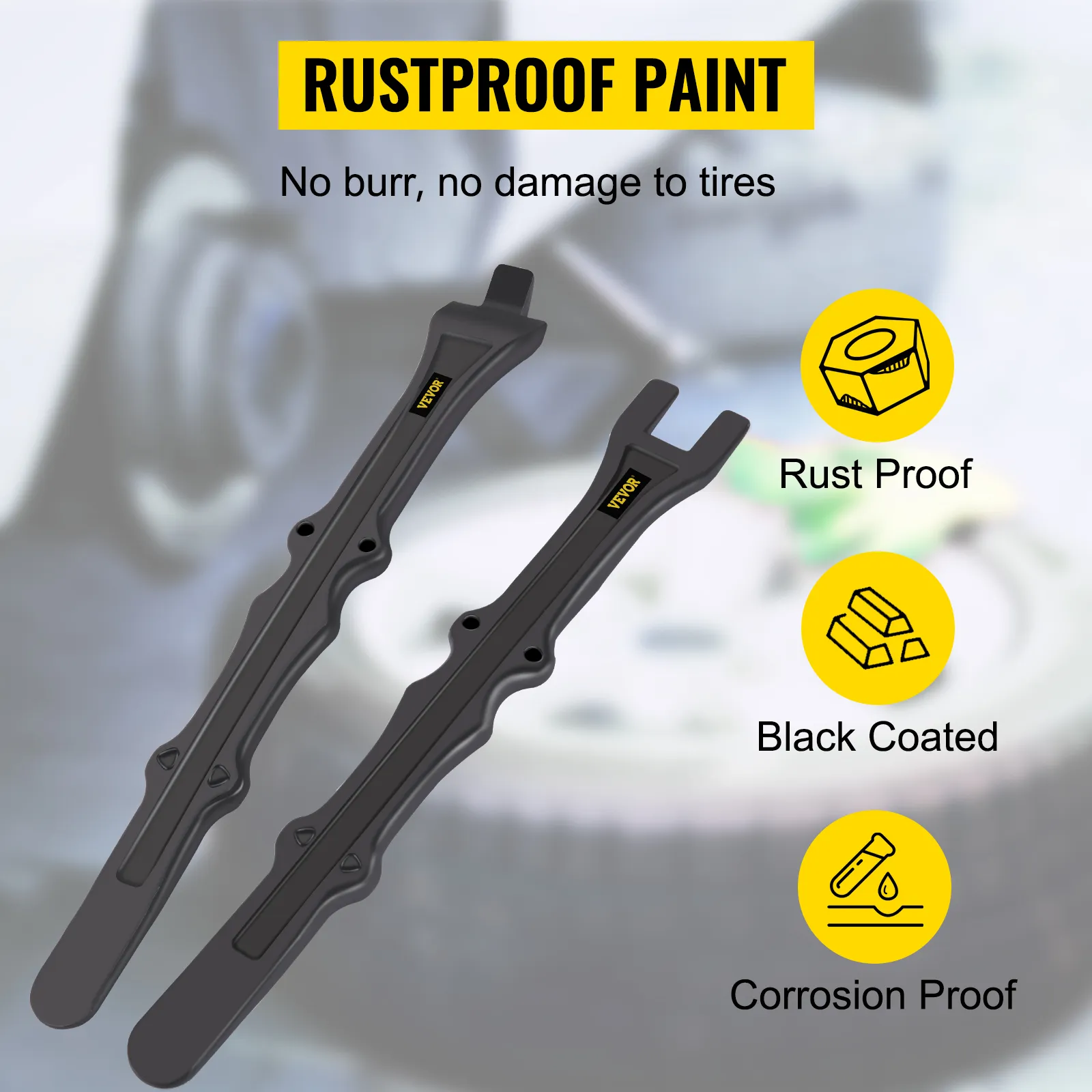 VEVOR tire iron set with rustproof paint, black coated, and corrosion proof features.