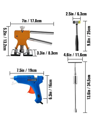 Kit extractor de abolladuras VEVOR con tamaños para varias herramientas mostradas.