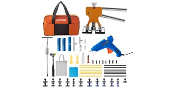 Kit extractor de abolladuras VEVOR con herramientas, accesorios y un estuche de transporte naranja.