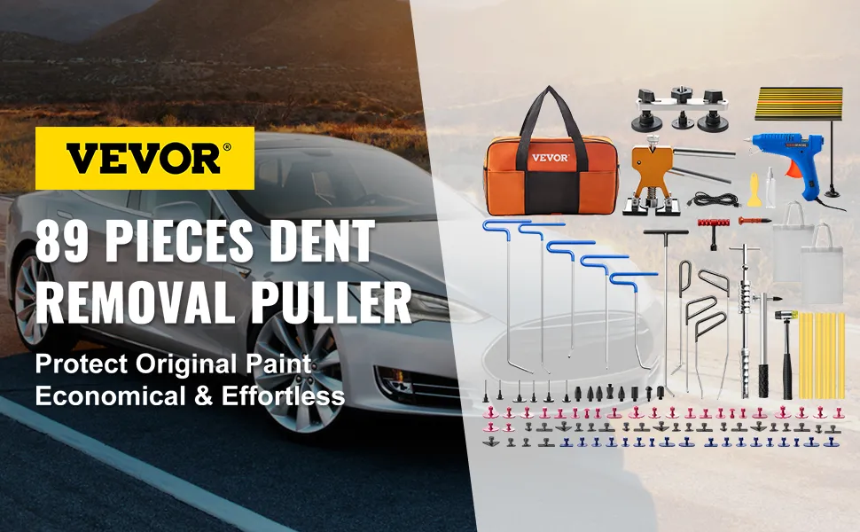 Kit de eliminación de abolladuras sin pintura VEVOR con 89 herramientas y accesorios para reparación de abolladuras de automóviles.