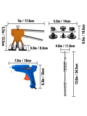 Kit de eliminación de abolladuras sin pintura VEVOR con dimensiones para herramientas y pistola de pegamento.