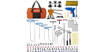 El kit de eliminación de abolladuras sin pintura VEVOR incluye herramientas, bolsa y pistola de pegamento.
