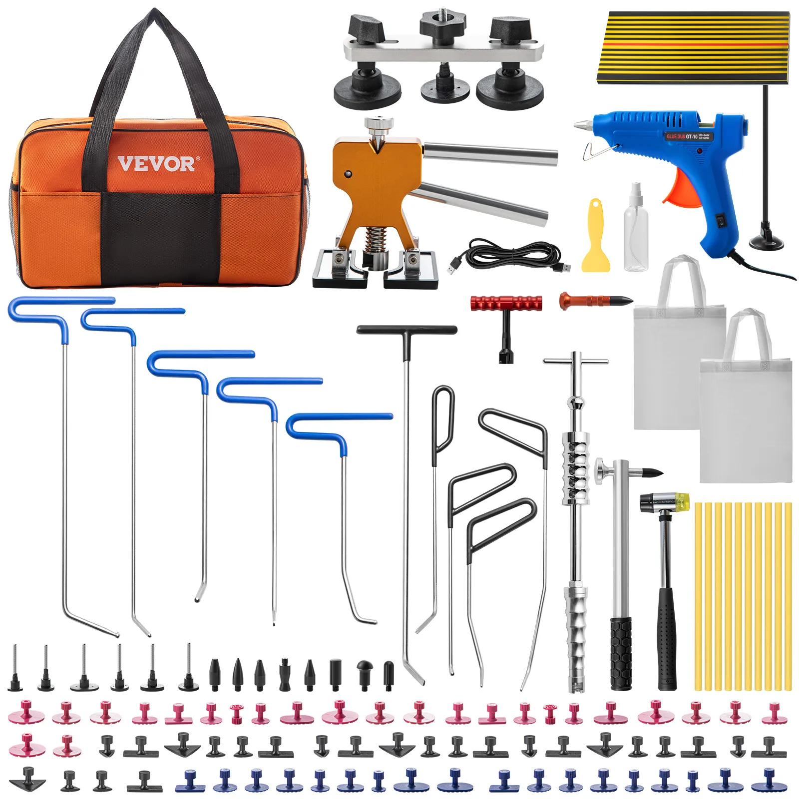 Kit de eliminación de abolladuras sin pintura VEVOR con herramientas, pistola de pegamento y bolsa de transporte.