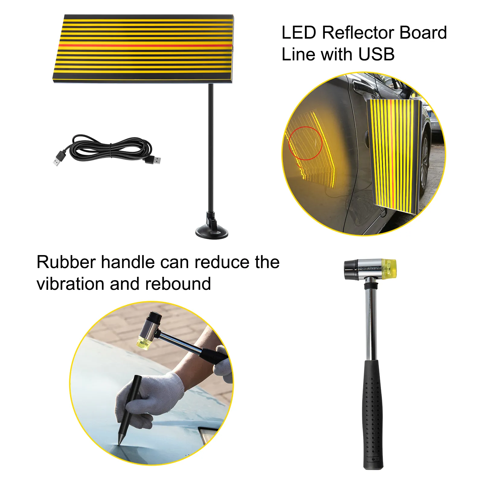 Kit de eliminación de abolladuras sin pintura VEVOR con placa reflectora LED, cable USB y martillo con mango de goma.