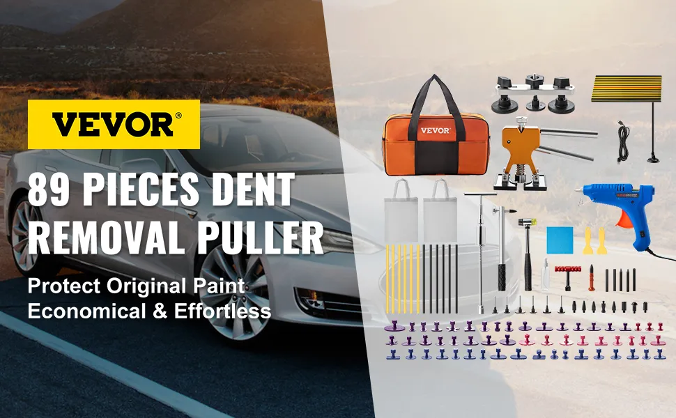 Kit de herramientas para eliminar abolladuras VEVOR mostrado con 89 piezas y un automóvil moderno en el fondo.