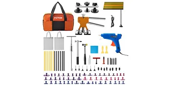 Kit de herramientas para eliminar abolladuras VEVOR con bolsa, herramientas, pistola de pegamento, ventosas y pestañas.