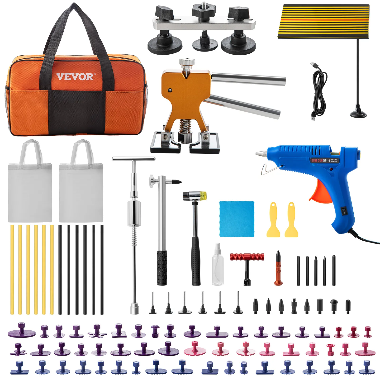 Kit de herramientas para eliminar abolladuras VEVOR con pistola de pegamento, lengüetas extractoras y accesorios.