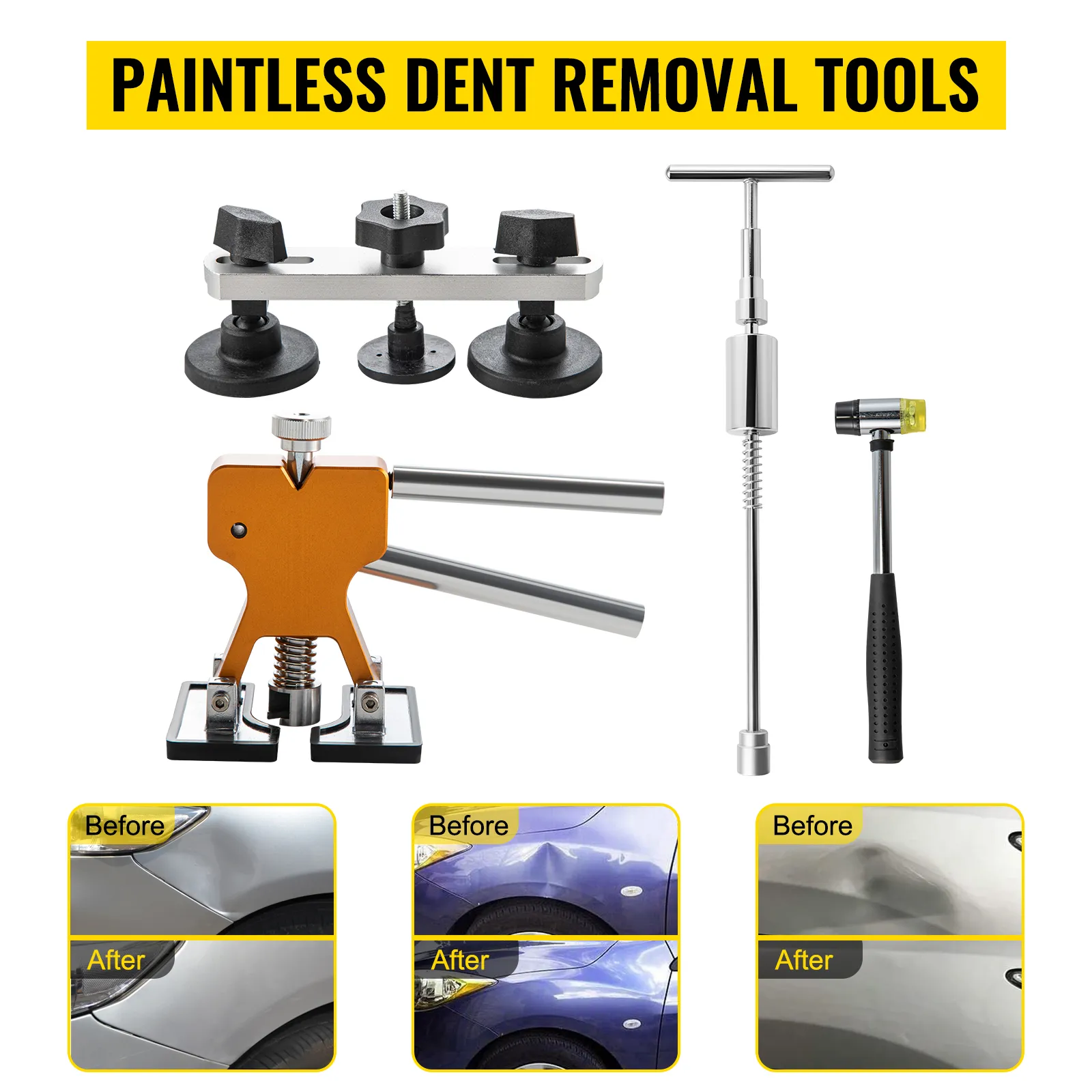 Kit de herramientas para eliminar abolladuras VEVOR con imágenes de antes y después de abolladuras de automóviles reparadas.