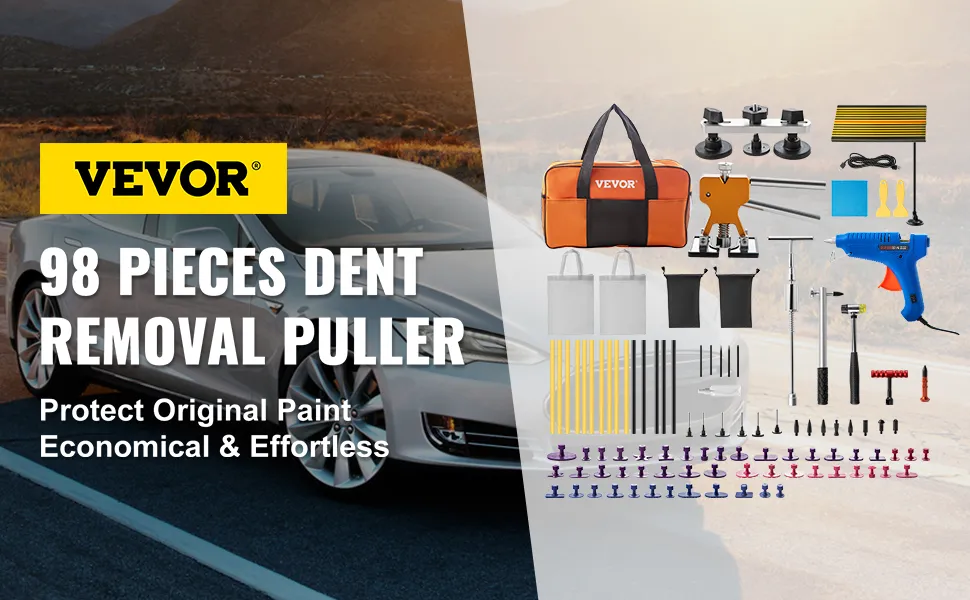 VEVOR dent removal tool: 98-piece kit with accessories and carrying bag in front of a car.