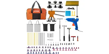 VEVOR dent removal tool kit with various tools, glue gun, and carrying bag.