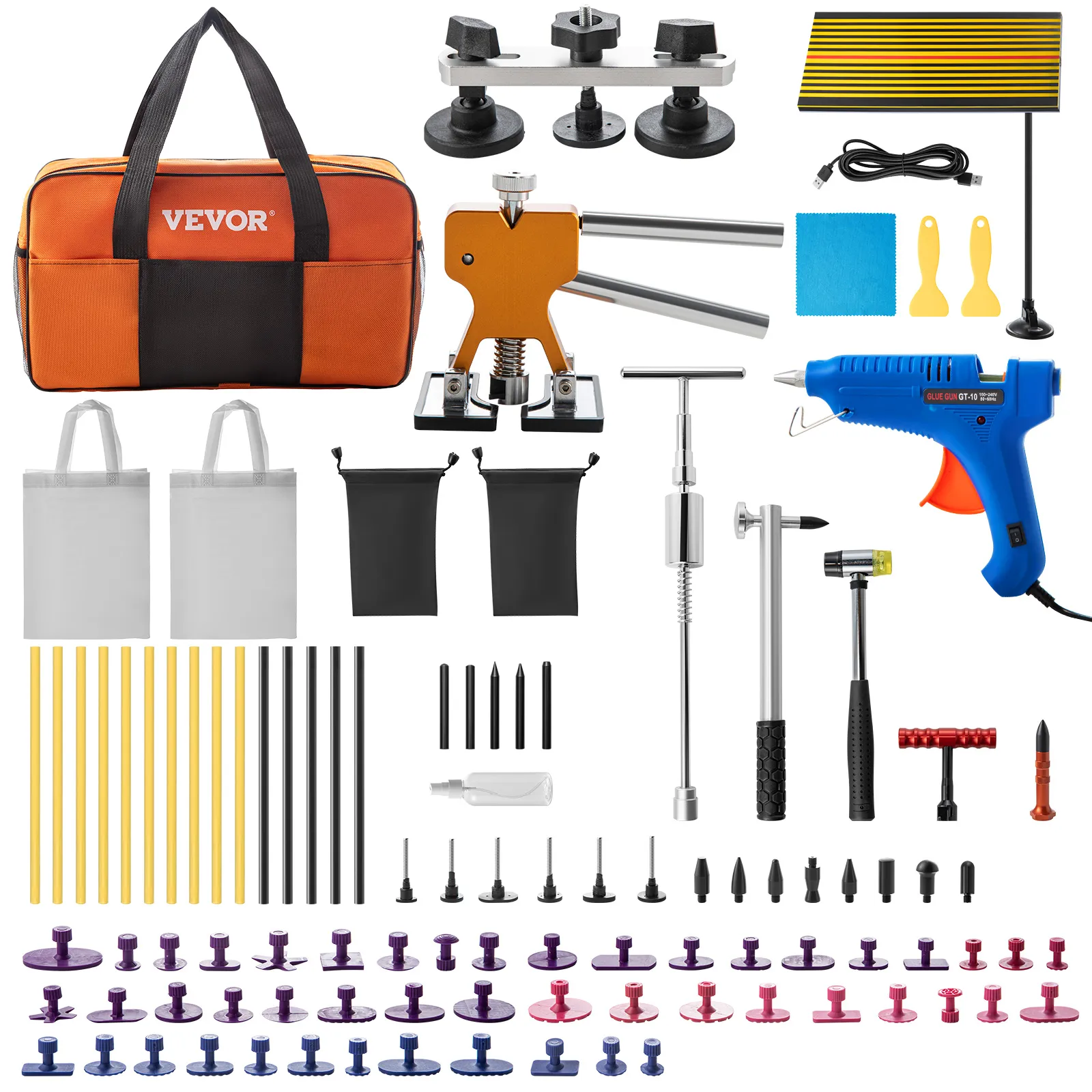 VEVOR dent removal tool kit with bag, glue gun, pullers, tabs, rods, and accessories.