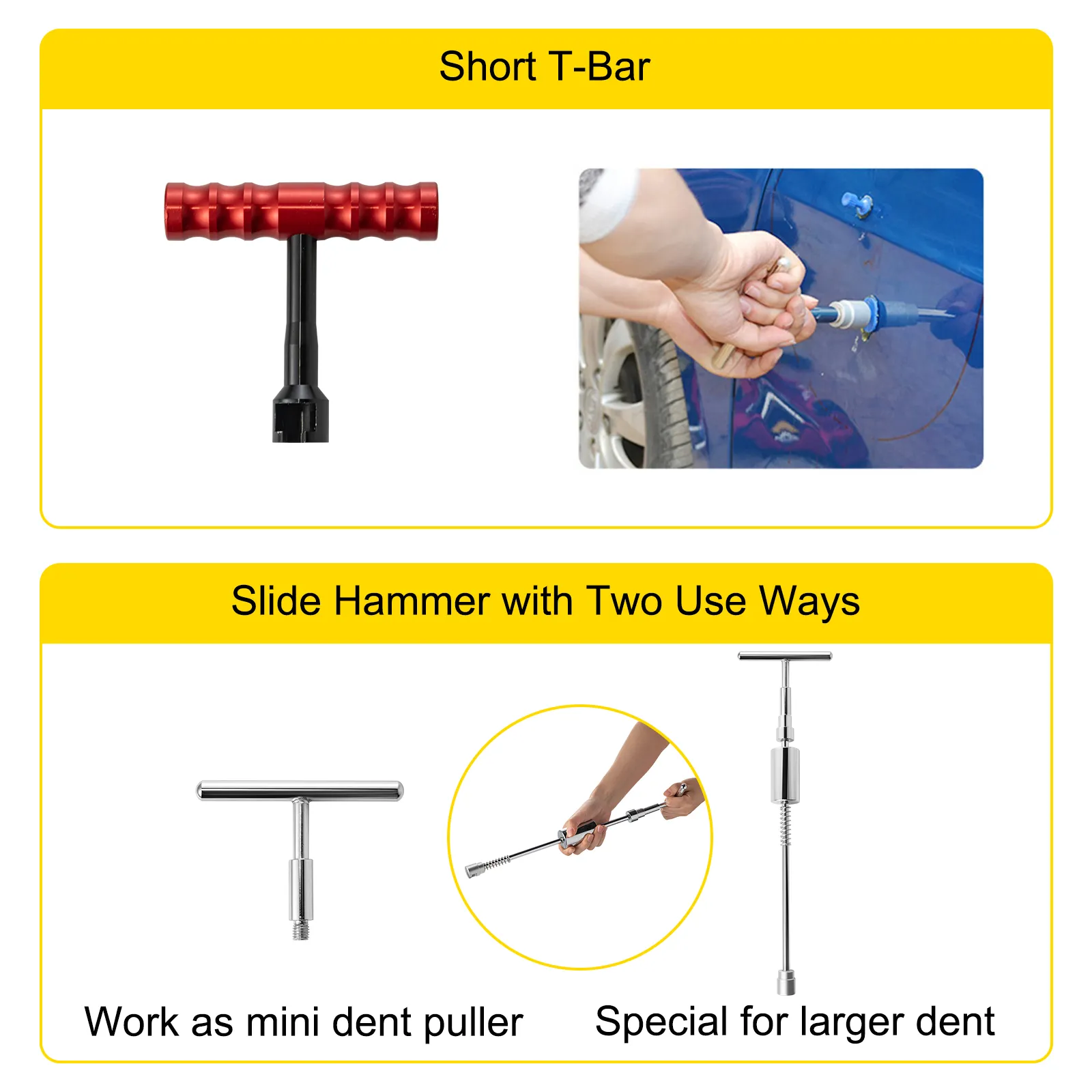 VEVOR dent removal tool - short t-bar and slide hammer for different dent sizes.