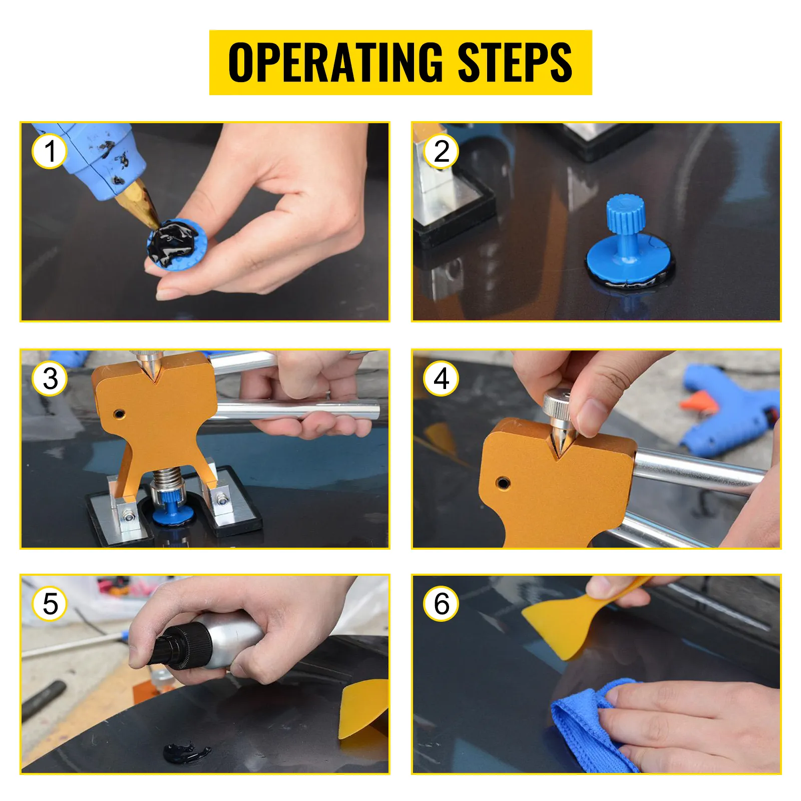 VEVOR dent removal tool: step-by-step guide using glue and suction for car dent repair.
