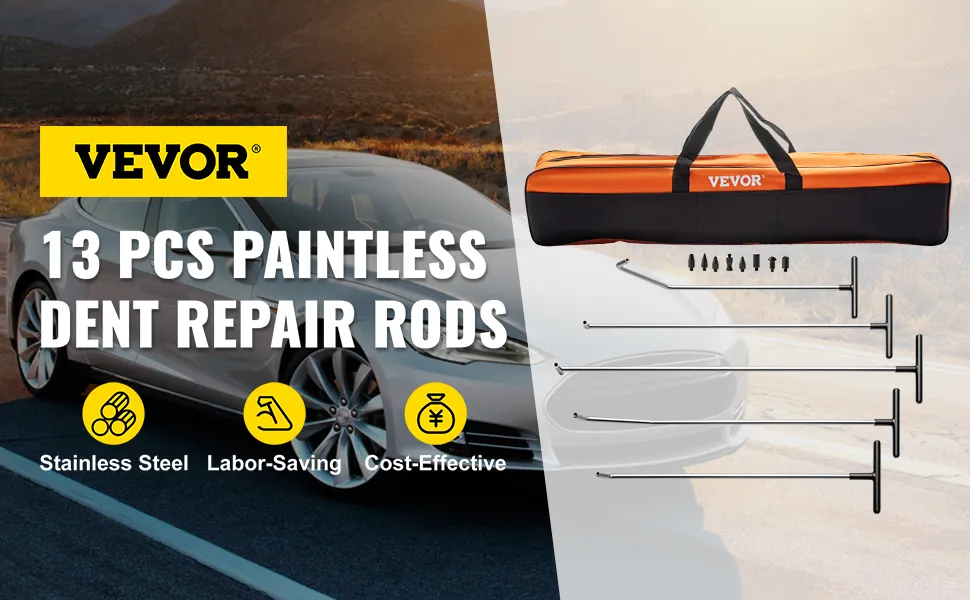 VEVOR dent removal kit: 13 pcs stainless steel dent repair rods with carrying case.