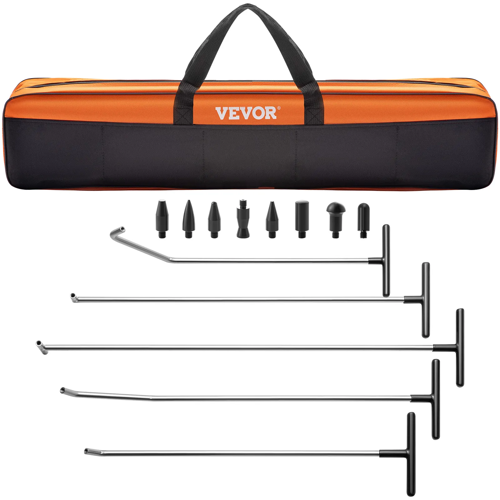 VEVOR dent removal kit with rods, tips, and orange carrying case.
