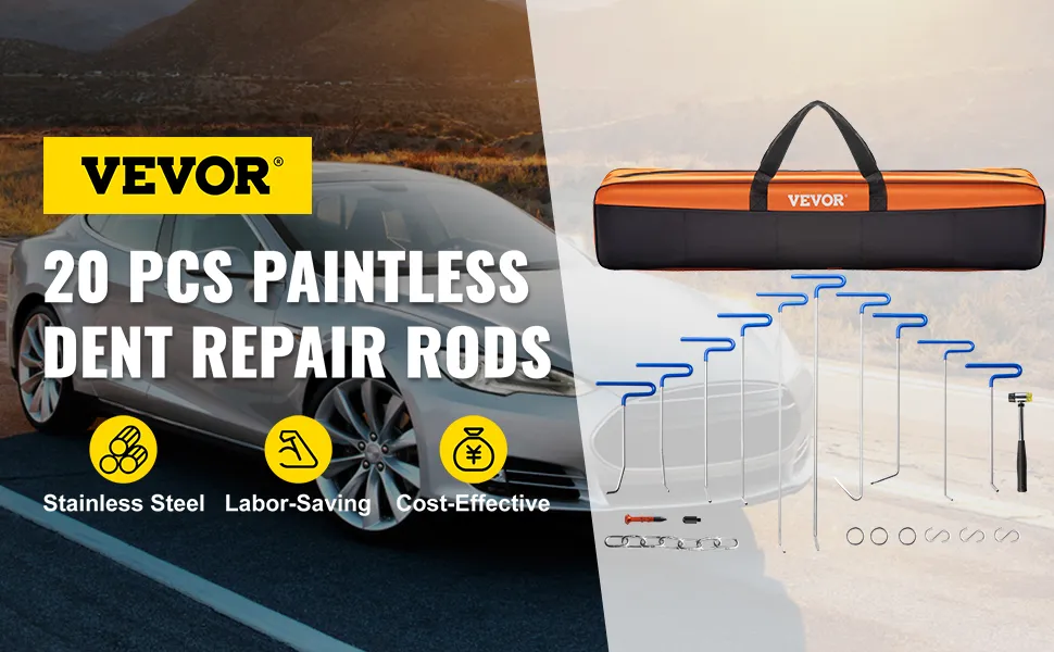 VEVOR dent removal kit: 20 pcs dent repair rods, stainless steel, labor-saving, cost-effective.