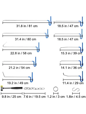 VEVOR dent removal kit showing various tool dimensions and parts for repair.