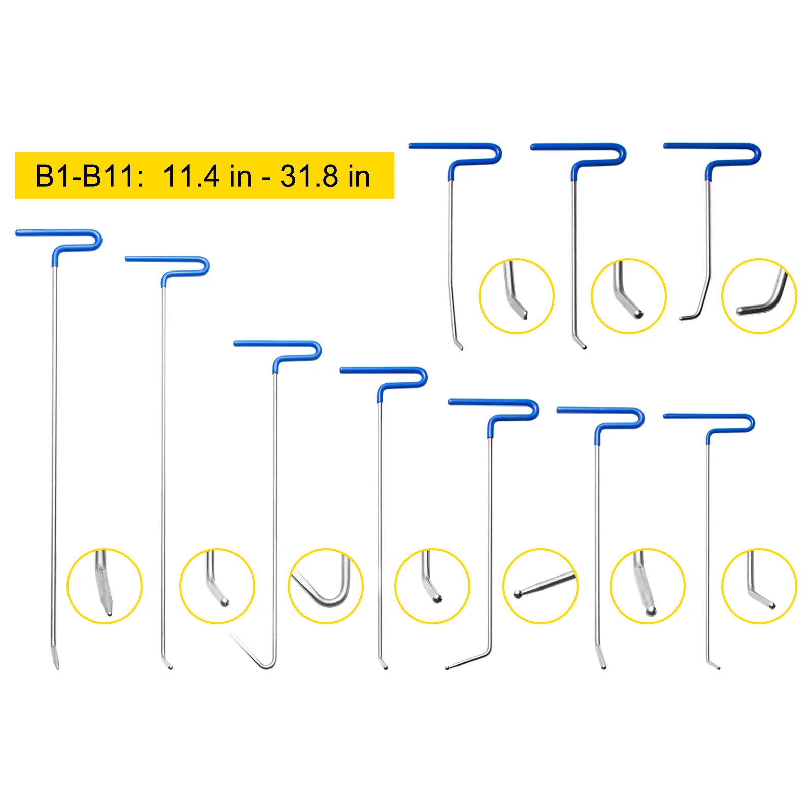 VEVOR dent removal kit with 11 rods, blue handles, and various tip shapes.