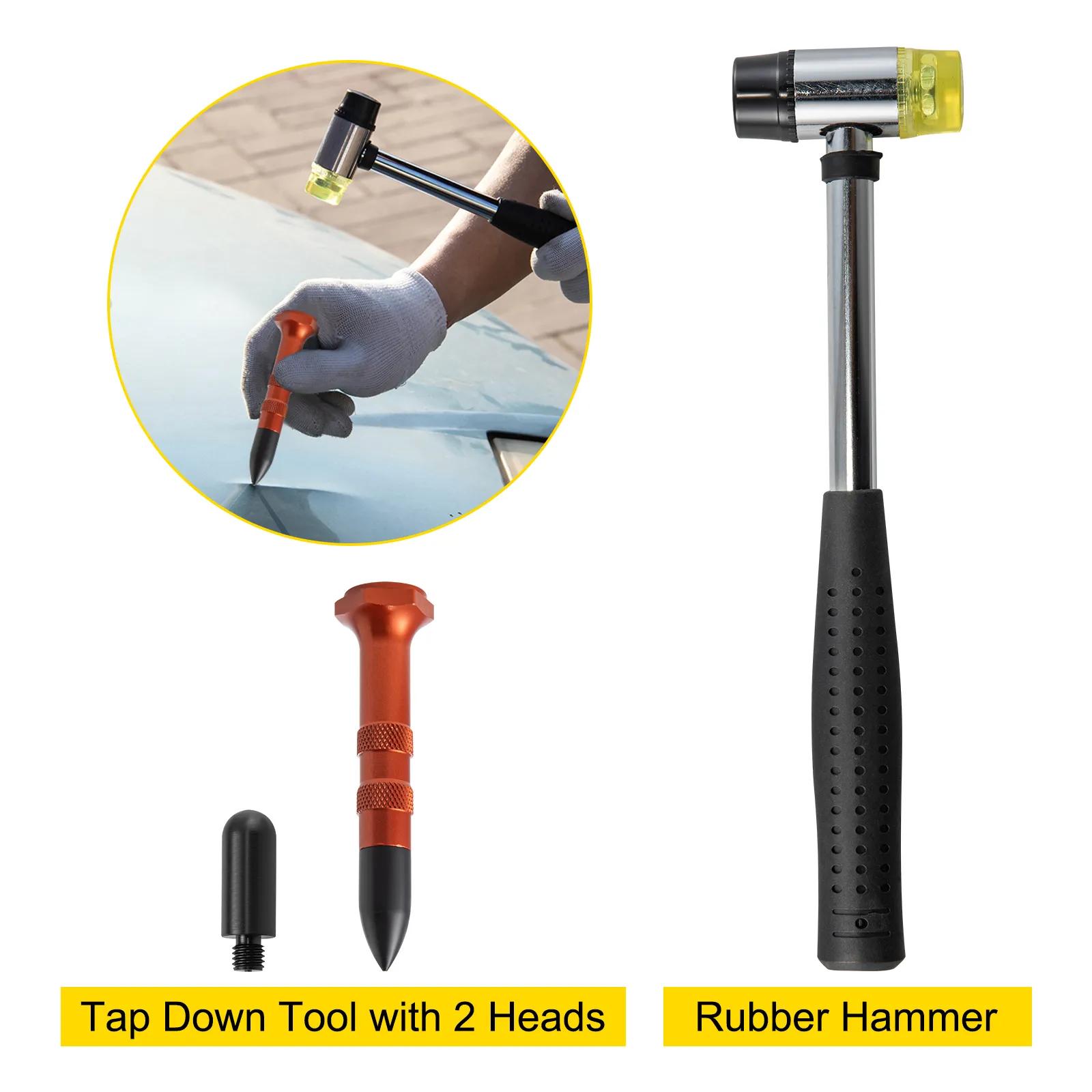 VEVOR dent removal kit with rubber hammer and tap down tool with two heads.