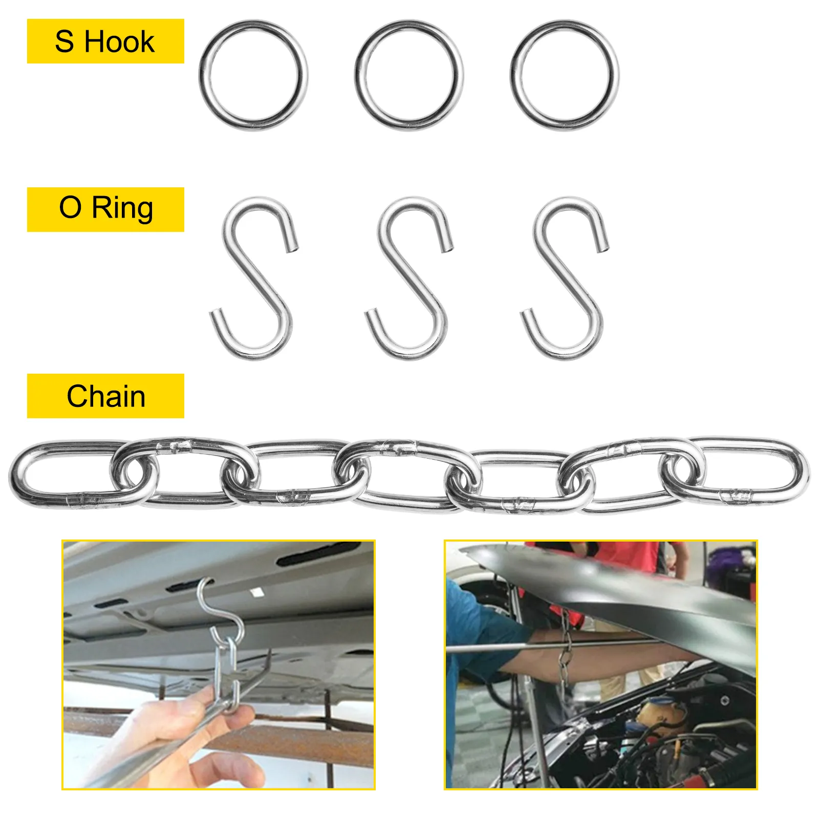 VEVOR dent removal kit with s hooks, o rings, chain, and usage scenarios.