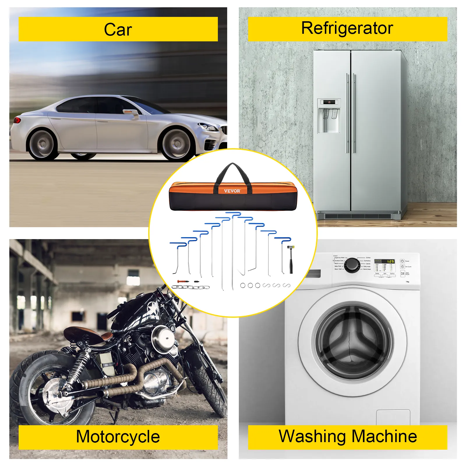 VEVOR dent removal kit for car, motorcycle, refrigerator, and washing machine.