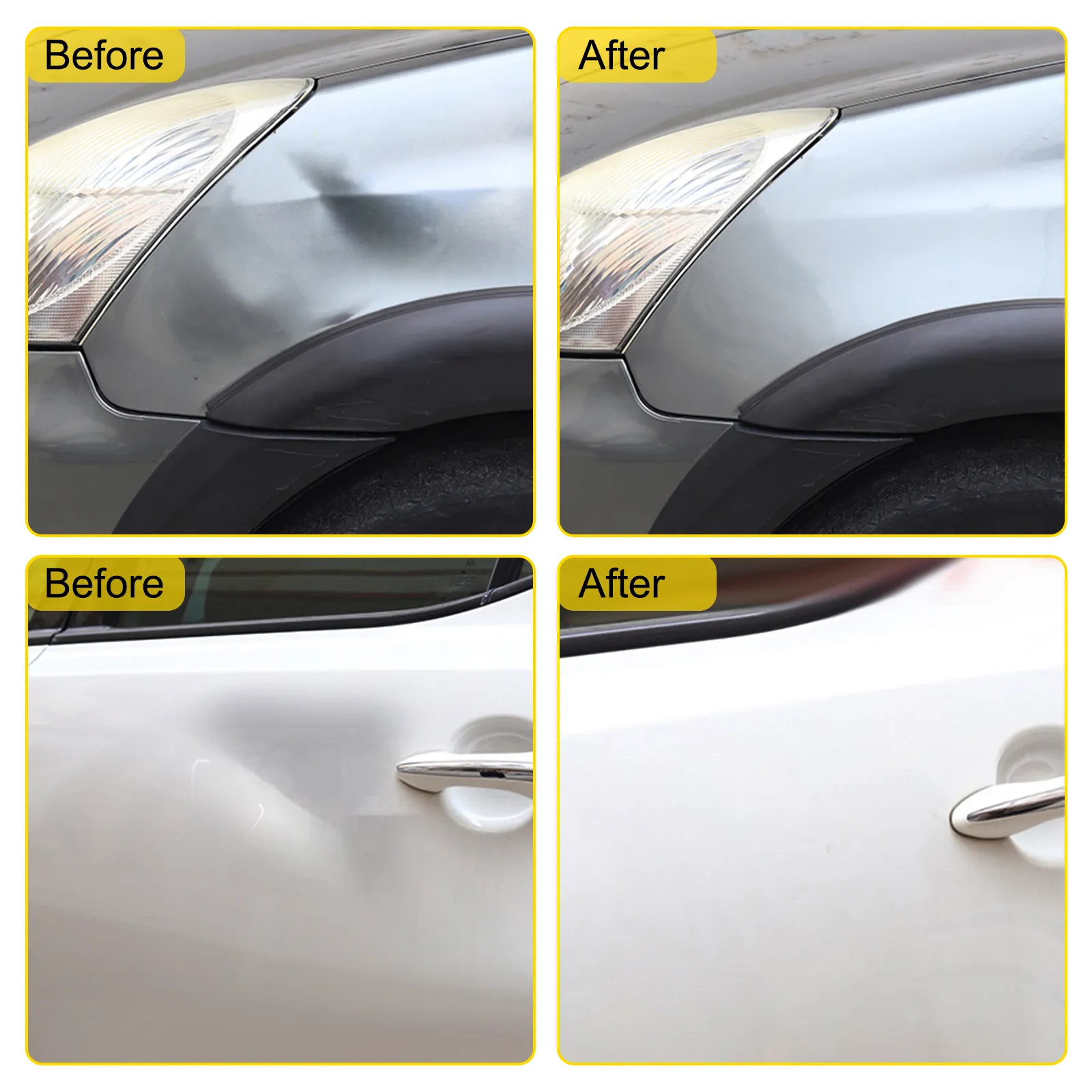 VEVOR dent removal kit before and after car repairs on gray and white vehicles.