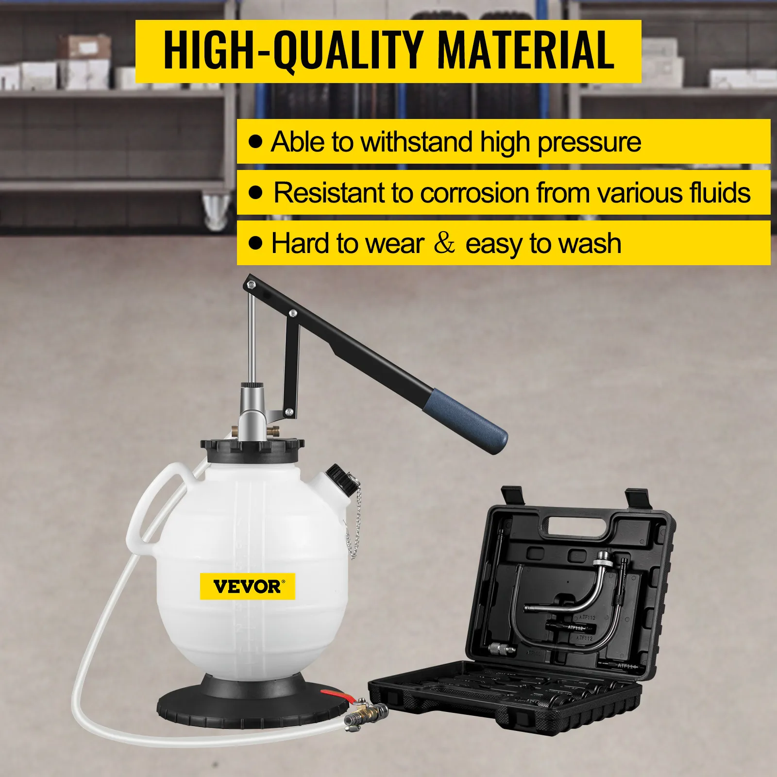 VEVOR transmission fluid pressure bleeder with features and a tool case in a workshop.
