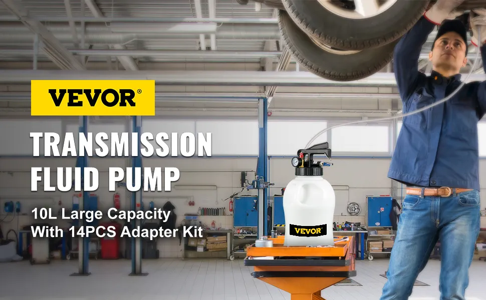 Pompa per fluido di trasmissione VEVOR, capacità 10 l, kit adattatori da 14 pezzi, in officina.