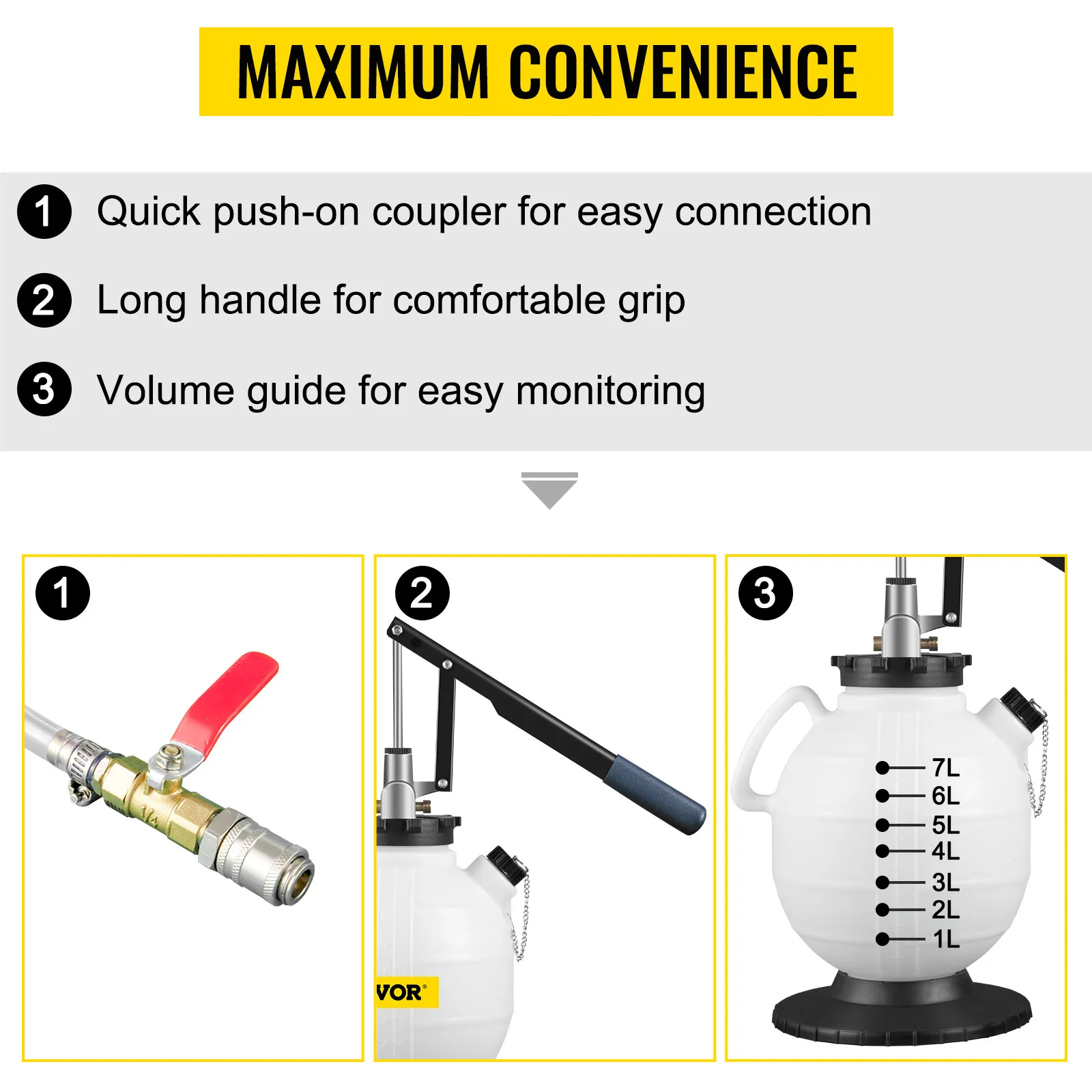VEVOR transmission fluid pressure bleeder features a push-on coupler, long handle, and volume guide.