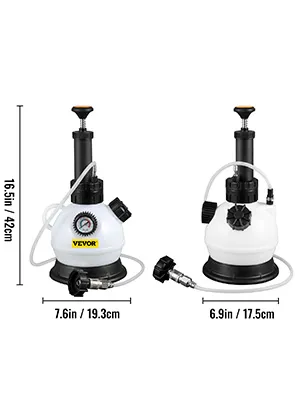 VEVOR brake fluid pressure bleeder, dimensions: 16.5in/42cm tall, 7.6in/6.9in wide.