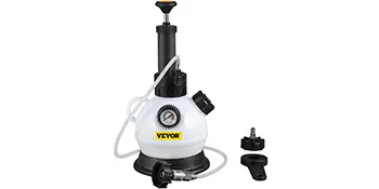 VEVOR brake fluid pressure bleeder with gauge and hose attachment, white and black.