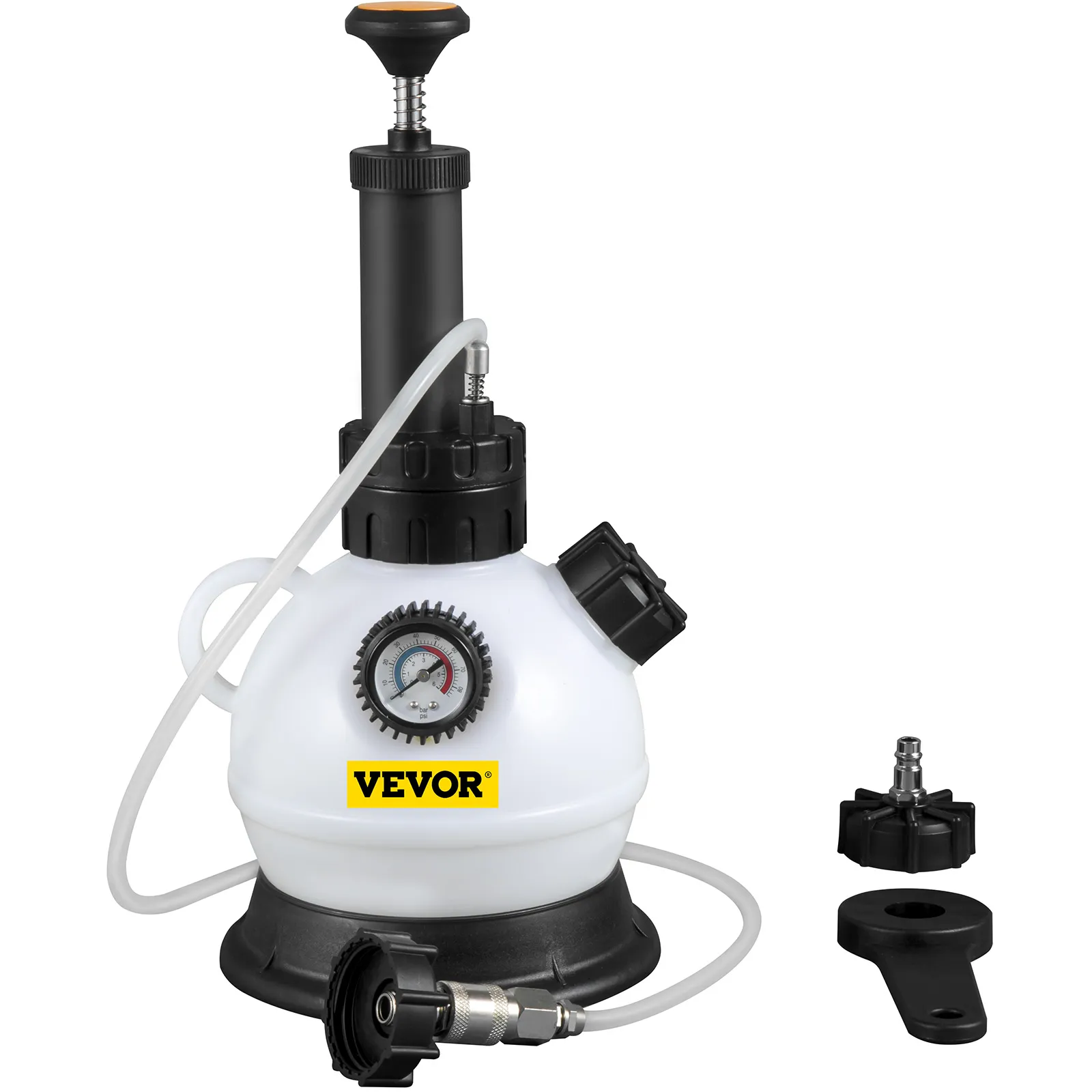 VEVOR brake fluid pressure bleeder with gauge, white canister, and black accessories.