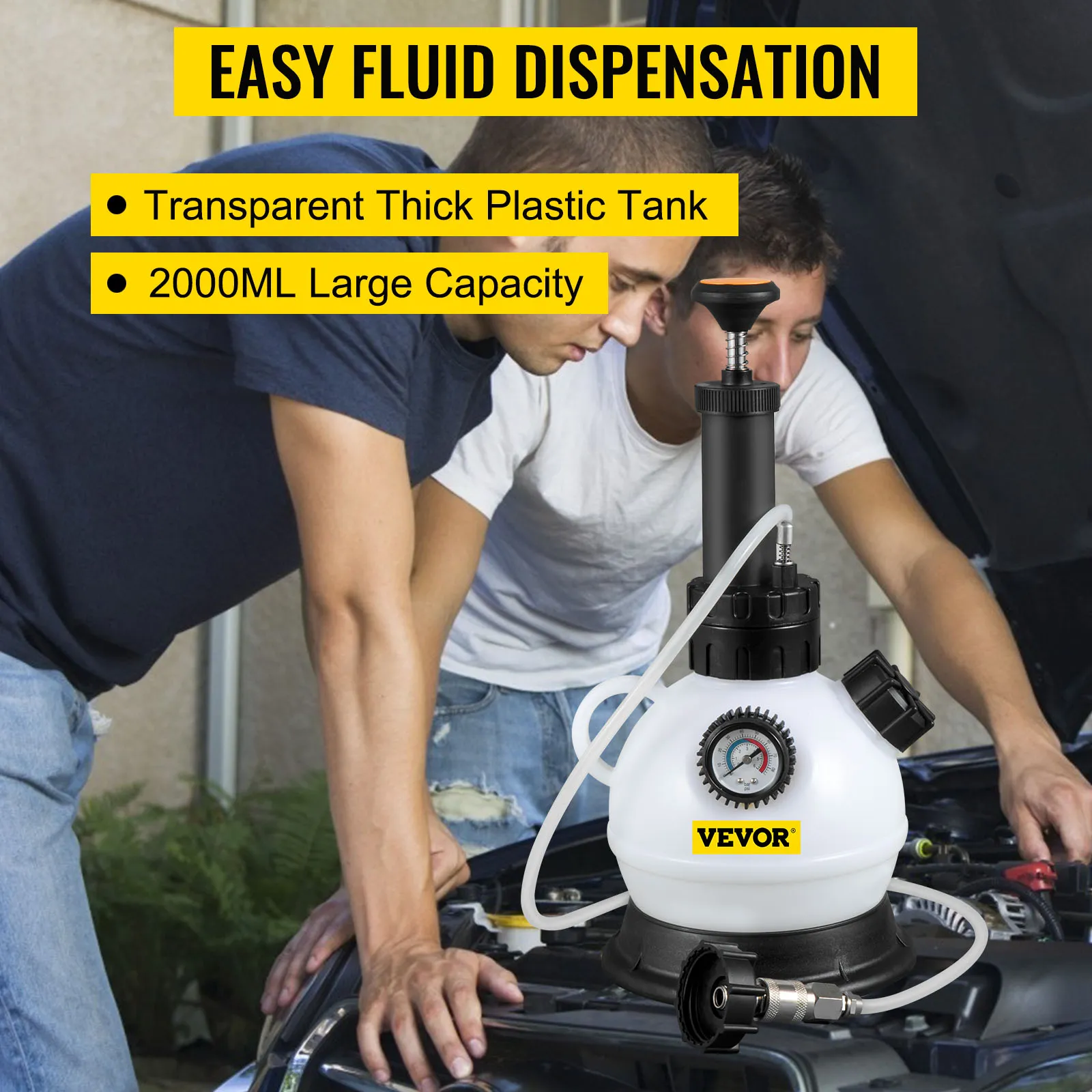 VEVOR brake fluid pressure bleeder in use with transparent tank and 2000ml capacity.