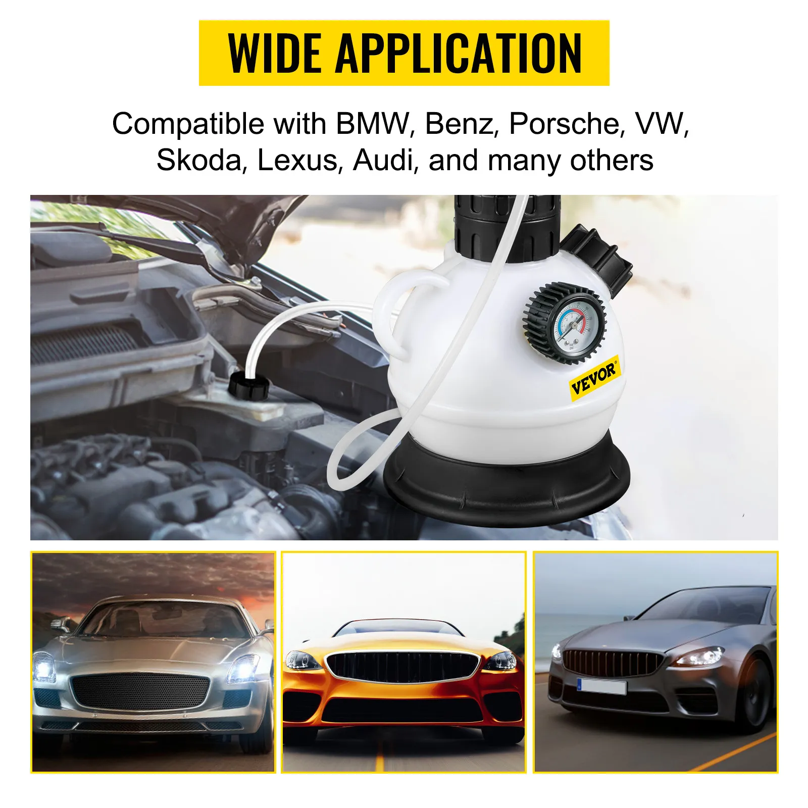VEVOR brake fluid pressure bleeder for compatible cars like bmw, benz, porsche, vw.