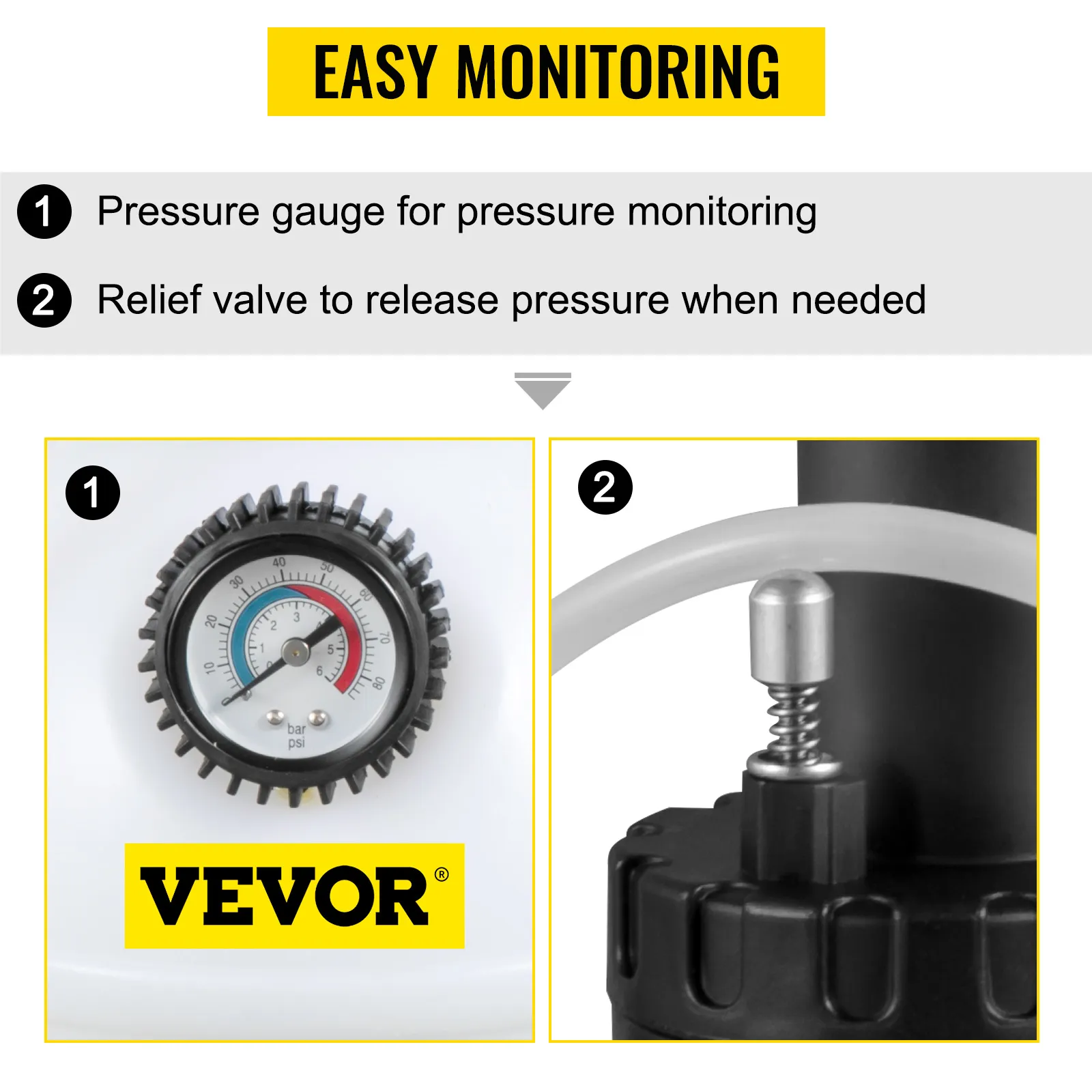 VEVOR brake fluid pressure bleeder with pressure gauge and relief valve for easy monitoring.