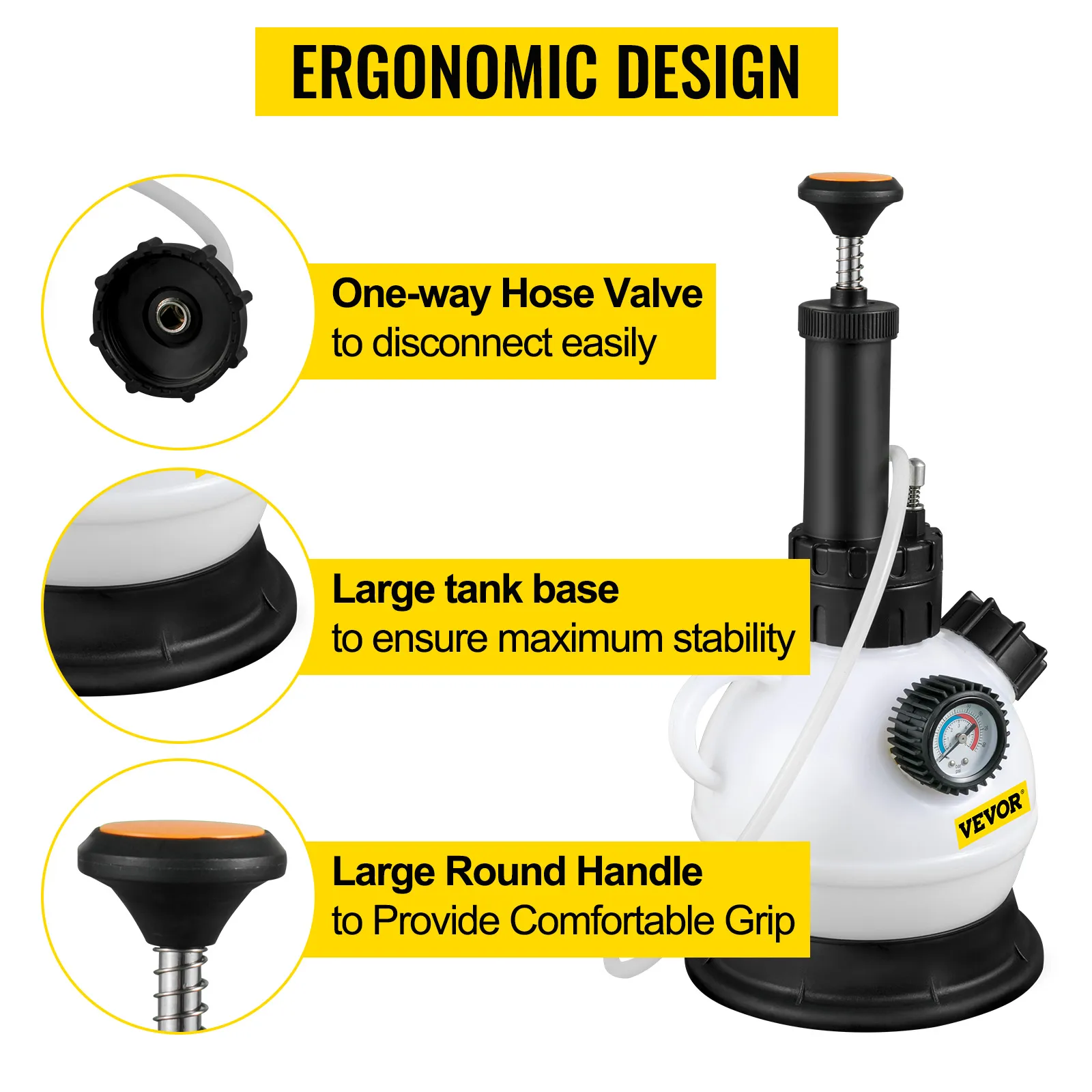 VEVOR brake fluid pressure bleeder with ergonomic design, one-way hose valve, and large tank base.
