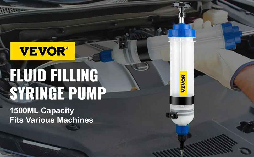 VEVOR transmission fluid pump with 1500ml capacity, shown in use with engine.