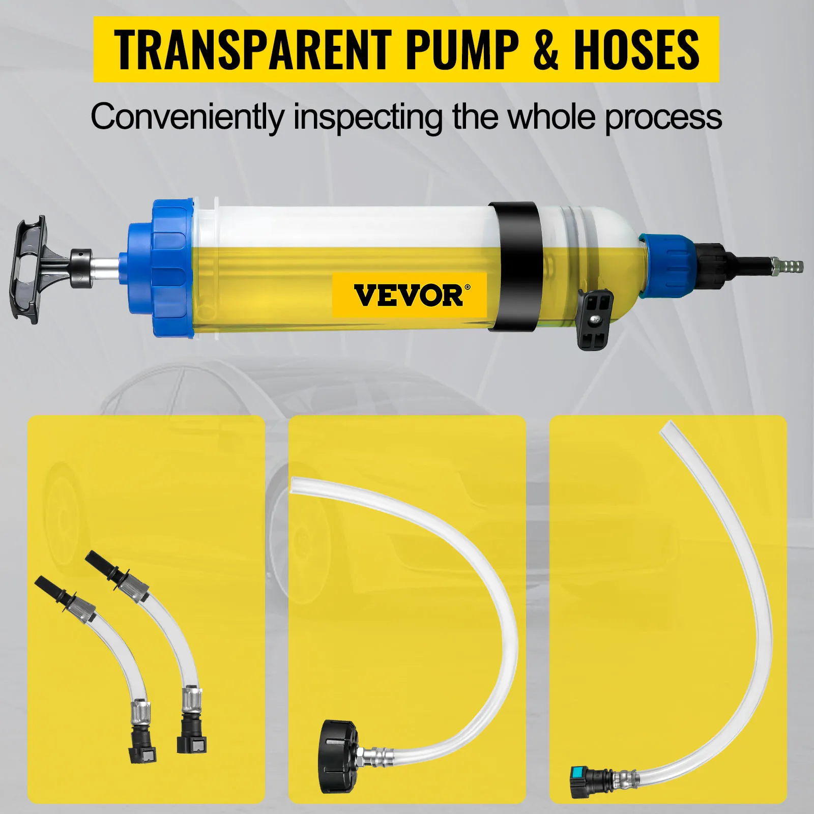 VEVOR transmission fluid pump with transparent pump and hoses for easy inspection.