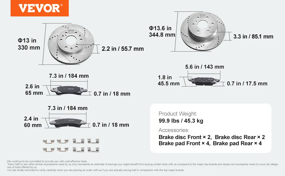 VEVOR brake rotors pads kit dimensions and accessories with detailed measurements in mm and inches.