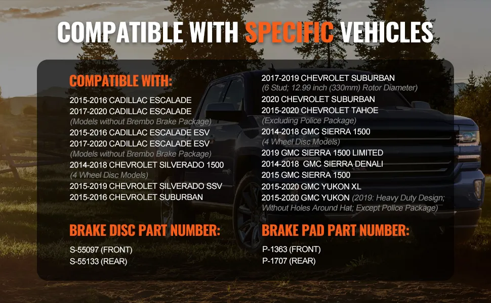 compatible vehicles for VEVOR brake rotors pads kit, including cadillac, chevrolet, and gmc models.
