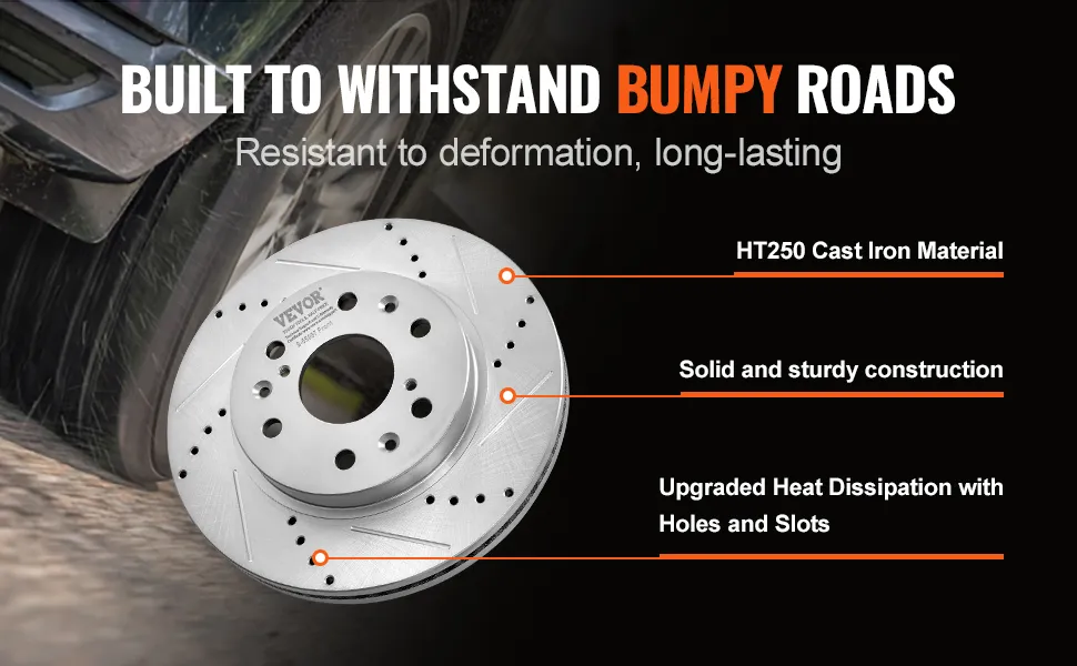 VEVOR brake rotors pads kit with high durability, ht250 cast iron material, and enhanced heat dissipation.