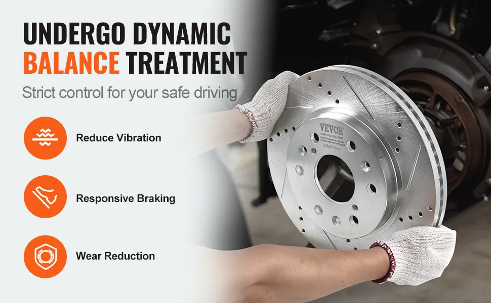 mechanic holding VEVOR brake rotors pads kit with text highlighting benefits: reduce vibration, responsive braking, wear reduction.