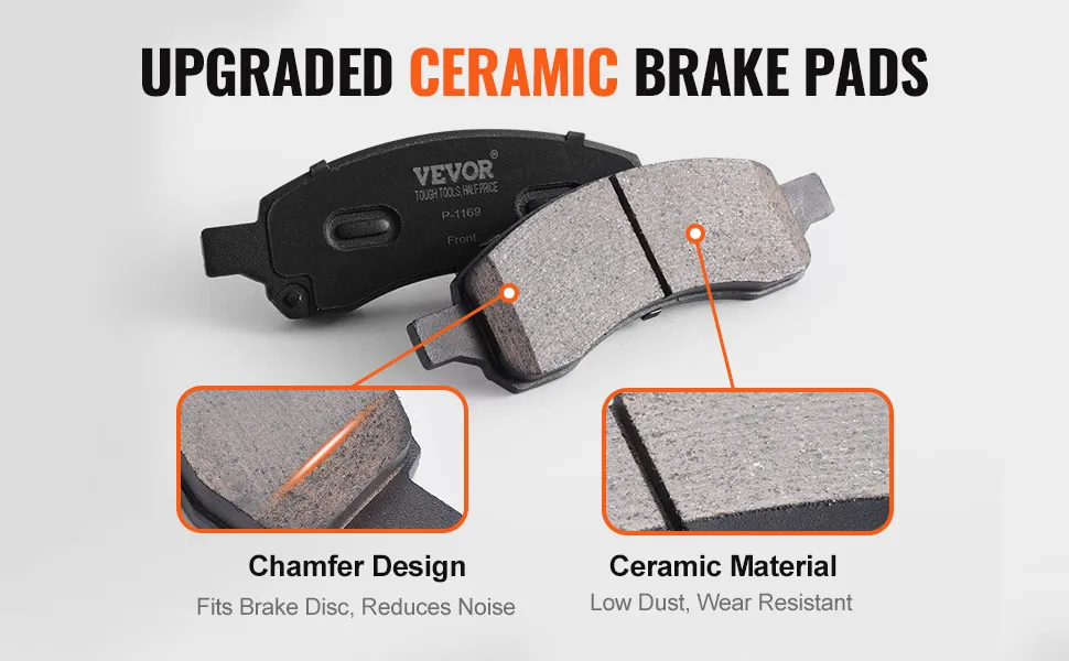 VEVOR brake rotors pads kit features chamfer design and ceramic material for noise reduction and low dust.