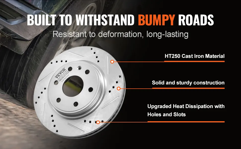 VEVOR brake rotors pads kit with ht250 cast iron, solid construction, and upgraded heat dissipation.