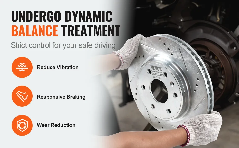 VEVOR brake rotors pads kit with text: reduce vibration, responsive braking, wear reduction.